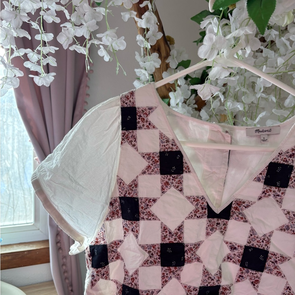 Madewell Flutter - Sleeve Peplum Top in Patchwork Quilted Patterned Blouse - Picture 7 of 11